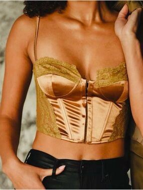 12th Tribe Satin Lace Bustier Crop Top in Gold